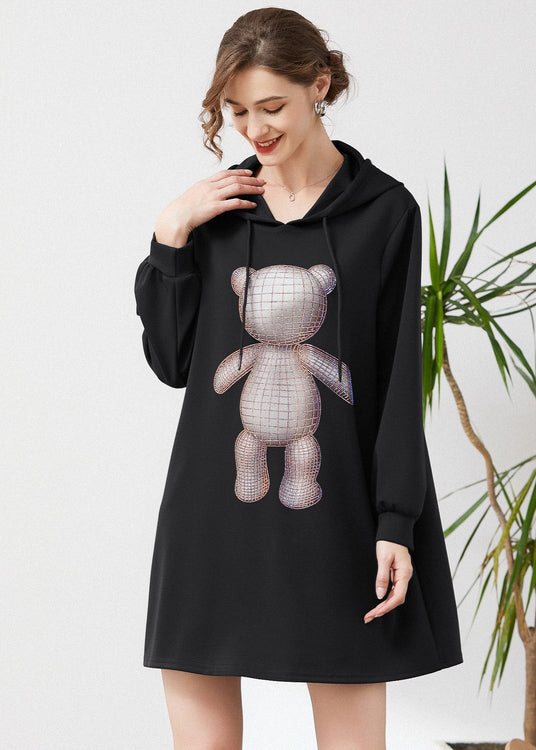 Fashion Black Hooded Print Cotton Sweatshirts Dress Spring LY0327 - fabuloryshop