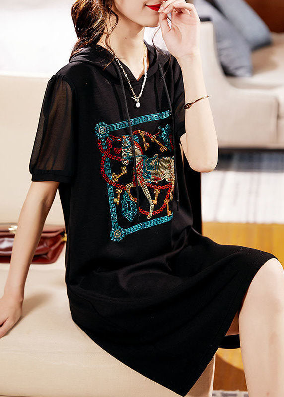 Fashion Black Hooded Zircon Patchwork Cotton Dress Summer Ada Fashion