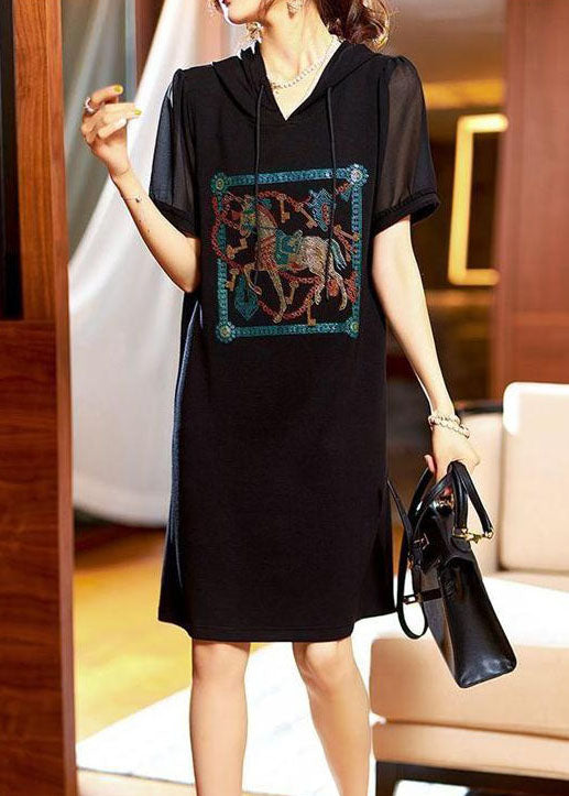 Fashion Black Hooded Zircon Patchwork Cotton Dress Summer Ada Fashion