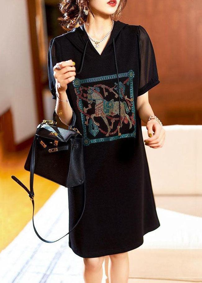 Fashion Black Hooded Zircon Patchwork Cotton Dress Summer Ada Fashion