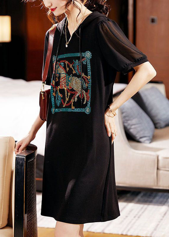 Fashion Black Hooded Zircon Patchwork Cotton Dress Summer Ada Fashion