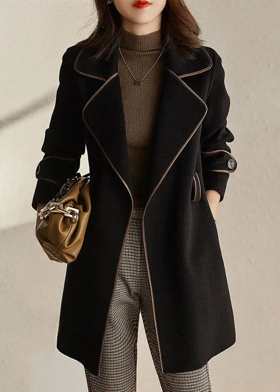 Fashion Black Notched Patchwork Pockets Tie Waist Woolen Coats Fall Ada Fashion