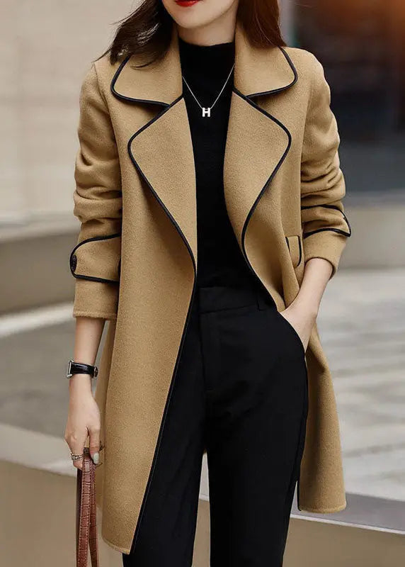 Fashion Black Notched Patchwork Pockets Tie Waist Woolen Coats Fall Ada Fashion