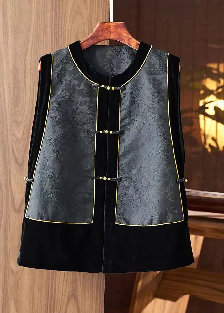 Fashion Black O-Neck Embroideried Silk Patchwork Waistcoat Sleeveless Ada Fashion