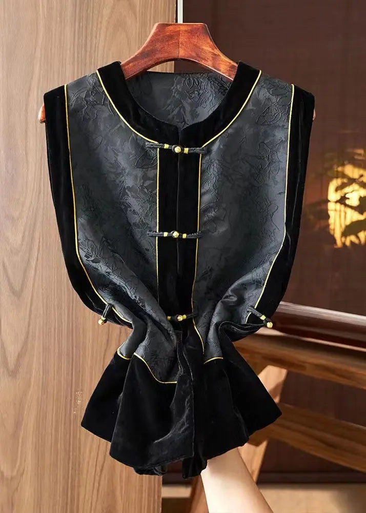 Fashion Black O-Neck Embroideried Silk Patchwork Waistcoat Sleeveless Ada Fashion