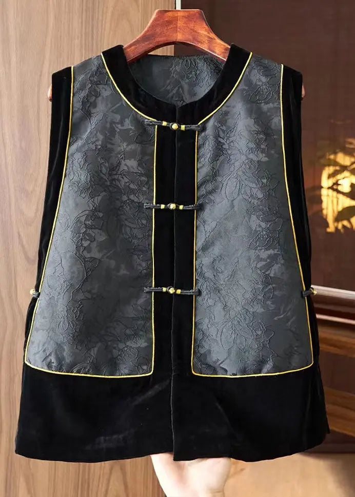 Fashion Black O-Neck Embroideried Silk Patchwork Waistcoat Sleeveless Ada Fashion