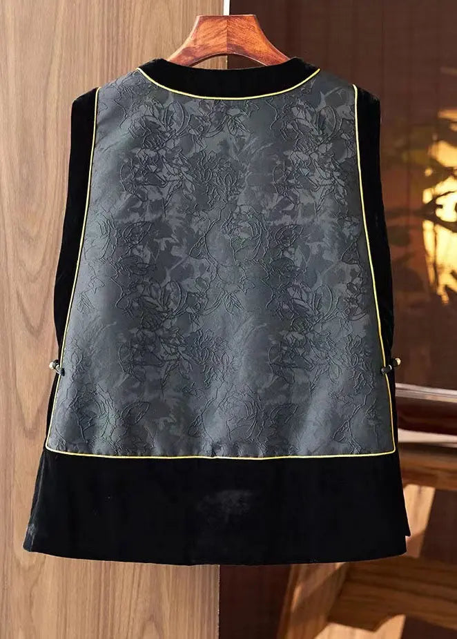 Fashion Black O-Neck Embroideried Silk Patchwork Waistcoat Sleeveless Ada Fashion