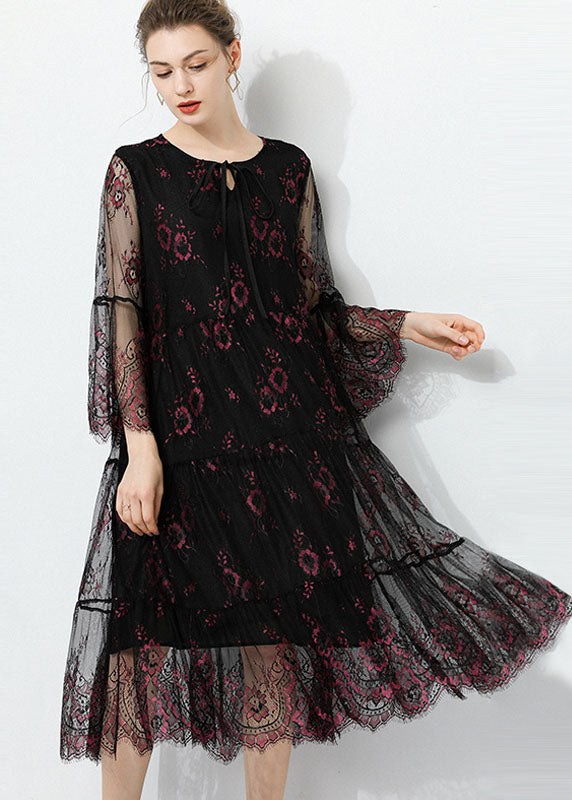 Fashion Black O Neck Hollow Out Lace Patchwork Tulle Dress Summer LY0023 - fabuloryshop