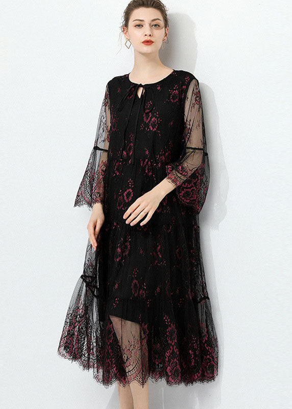 Fashion Black O Neck Hollow Out Lace Patchwork Tulle Dress Summer LY0023 - fabuloryshop