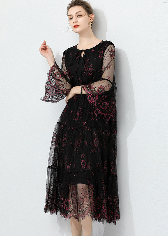 Fashion Black O Neck Hollow Out Lace Patchwork Tulle Dress Summer LY0023 - fabuloryshop