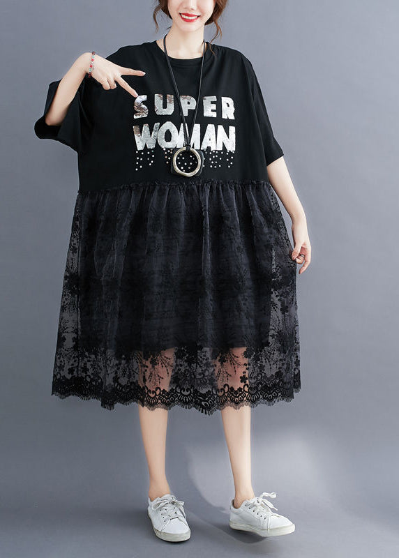 Fashion Black O-Neck Lace Patchwork Cotton Holiday Dress Half Sleeve LY0896 - fabuloryshop