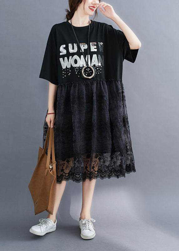 Fashion Black O-Neck Lace Patchwork Cotton Holiday Dress Half Sleeve LY0896 - fabuloryshop