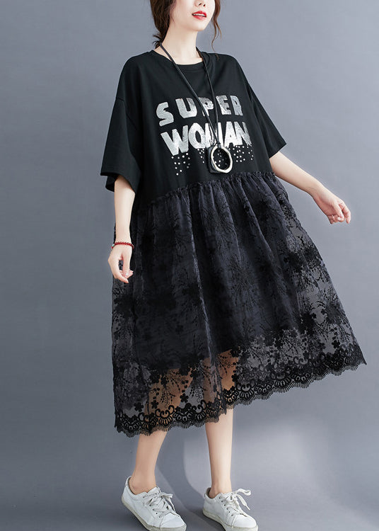 Fashion Black O-Neck Lace Patchwork Cotton Holiday Dress Half Sleeve LY0896 - fabuloryshop