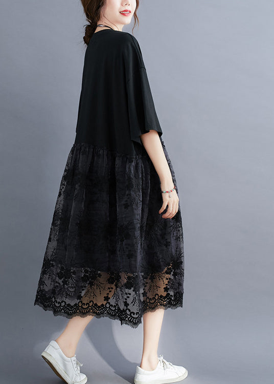 Fashion Black O-Neck Lace Patchwork Cotton Holiday Dress Half Sleeve LY0896 - fabuloryshop