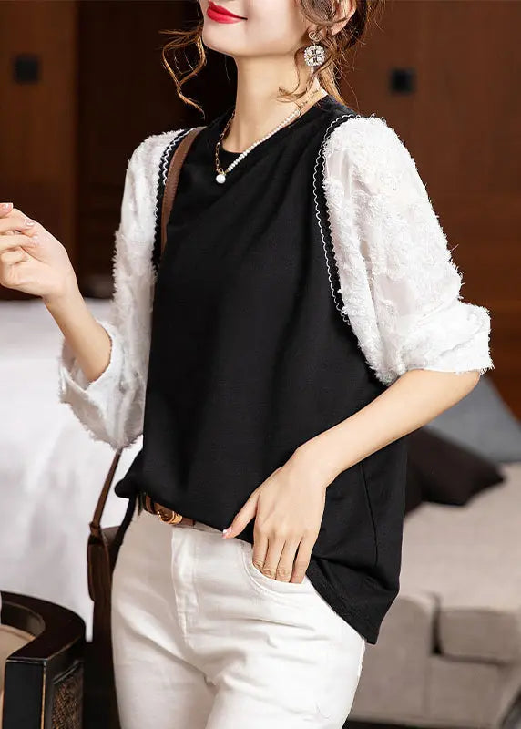 Fashion Black O Neck Patchwork Cotton Blouse Top Fall Ada Fashion