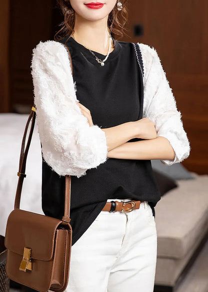 Fashion Black O Neck Patchwork Cotton Blouse Top Fall Ada Fashion