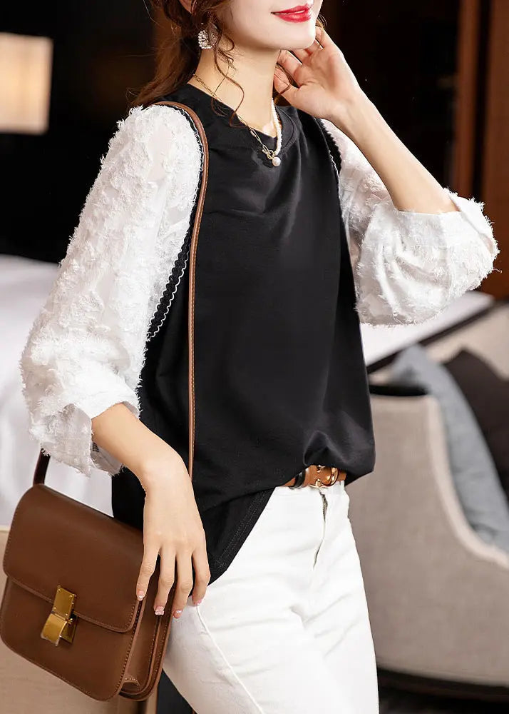 Fashion Black O Neck Patchwork Cotton Blouse Top Fall Ada Fashion