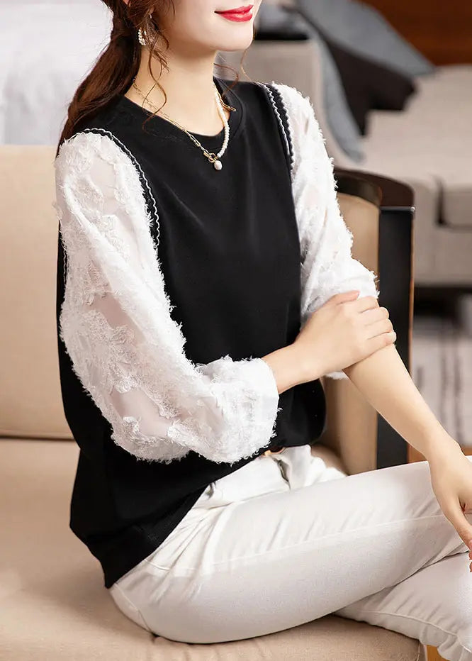 Fashion Black O Neck Patchwork Cotton Blouse Top Fall Ada Fashion