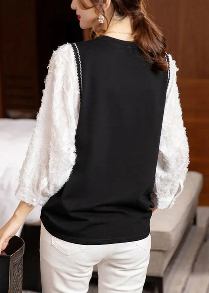 Fashion Black O Neck Patchwork Cotton Blouse Top Fall Ada Fashion