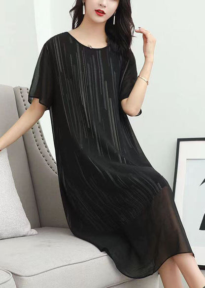 Fashion Black O Neck Striped Patchwork Chiffon Dress Summer LY6518 - fabuloryshop