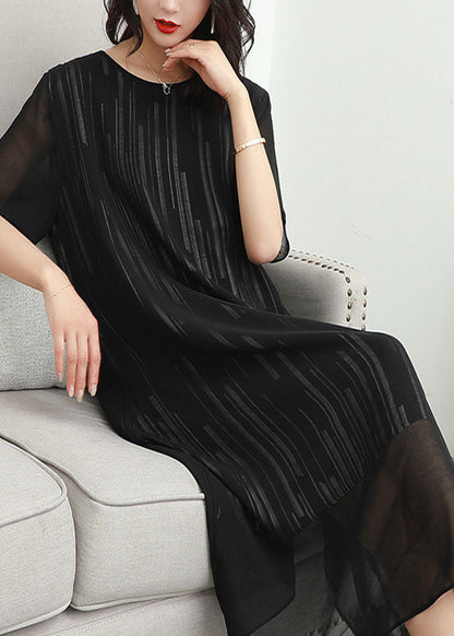 Fashion Black O Neck Striped Patchwork Chiffon Dress Summer LY6518 - fabuloryshop