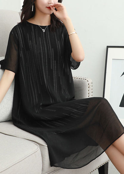 Fashion Black O Neck Striped Patchwork Chiffon Dress Summer LY6518 - fabuloryshop