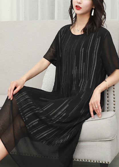 Fashion Black O Neck Striped Patchwork Chiffon Dress Summer LY6518 - fabuloryshop