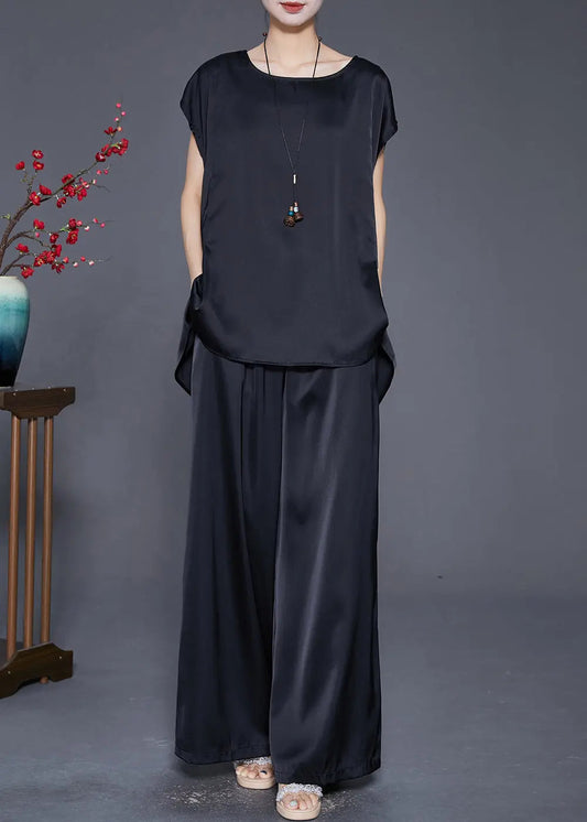 Fashion Black Oversized Draping Ice Silk Two Pieces Set Sleeveless Ada Fashion