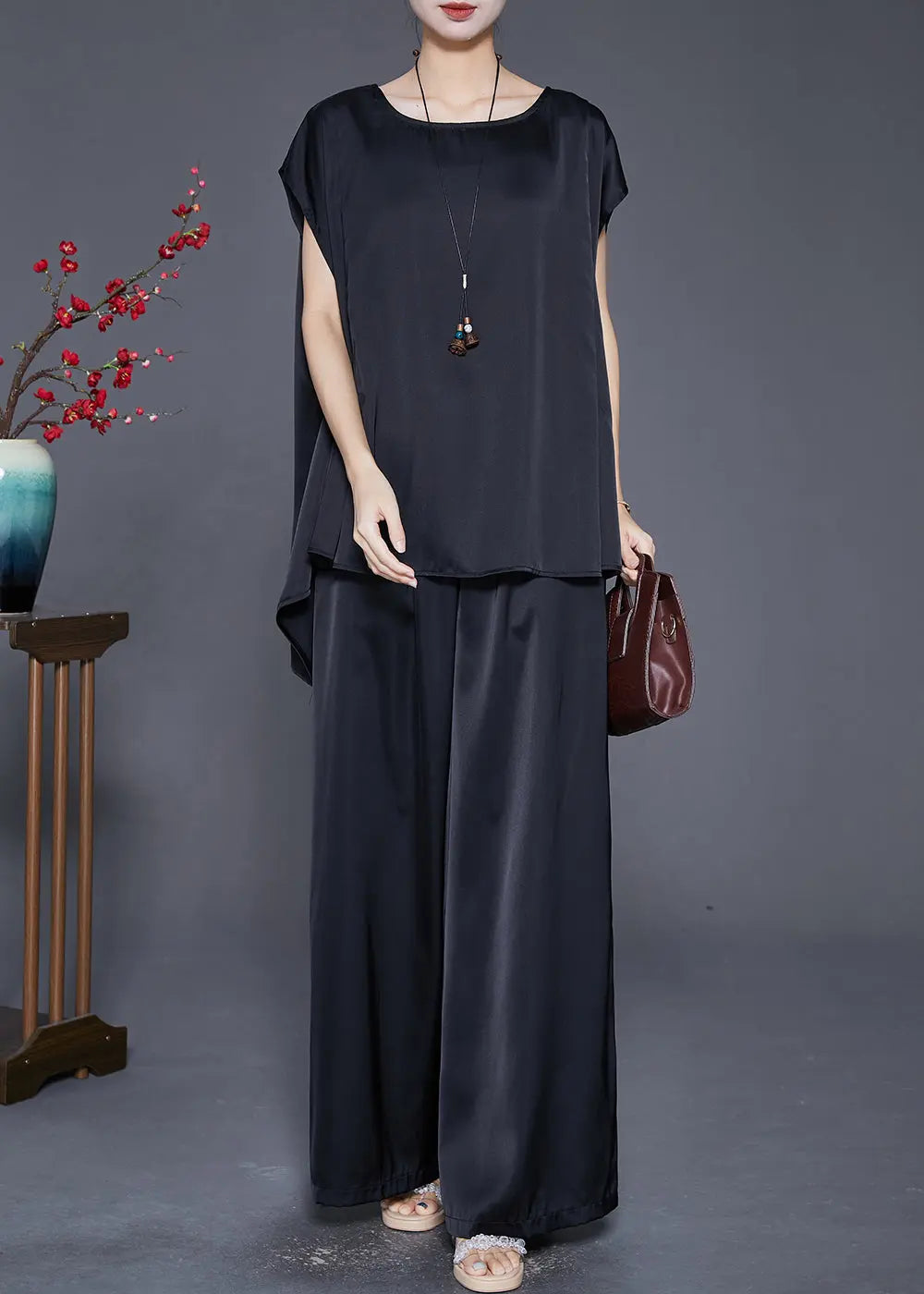 Fashion Black Oversized Draping Ice Silk Two Pieces Set Sleeveless Ada Fashion