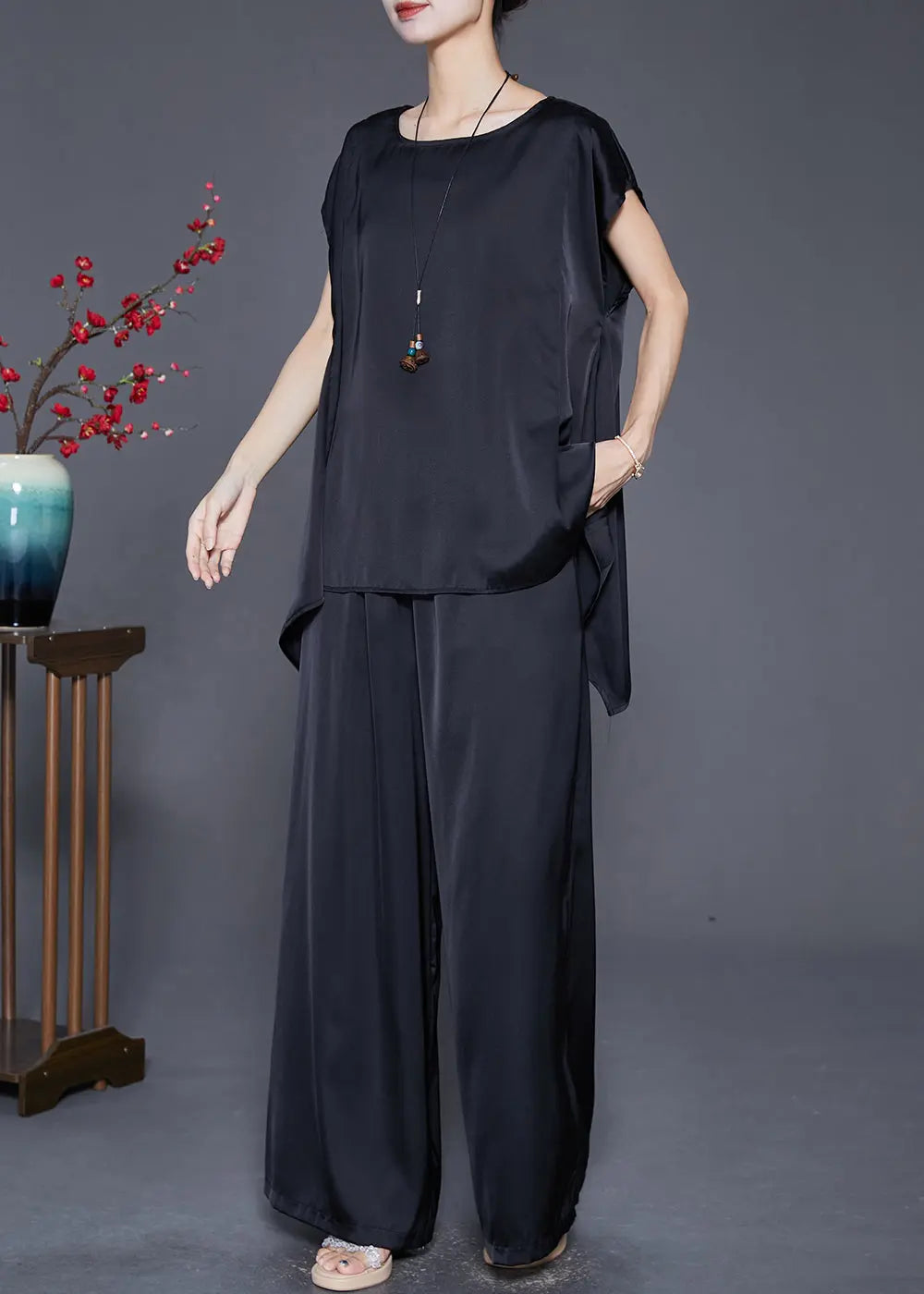 Fashion Black Oversized Draping Ice Silk Two Pieces Set Sleeveless Ada Fashion