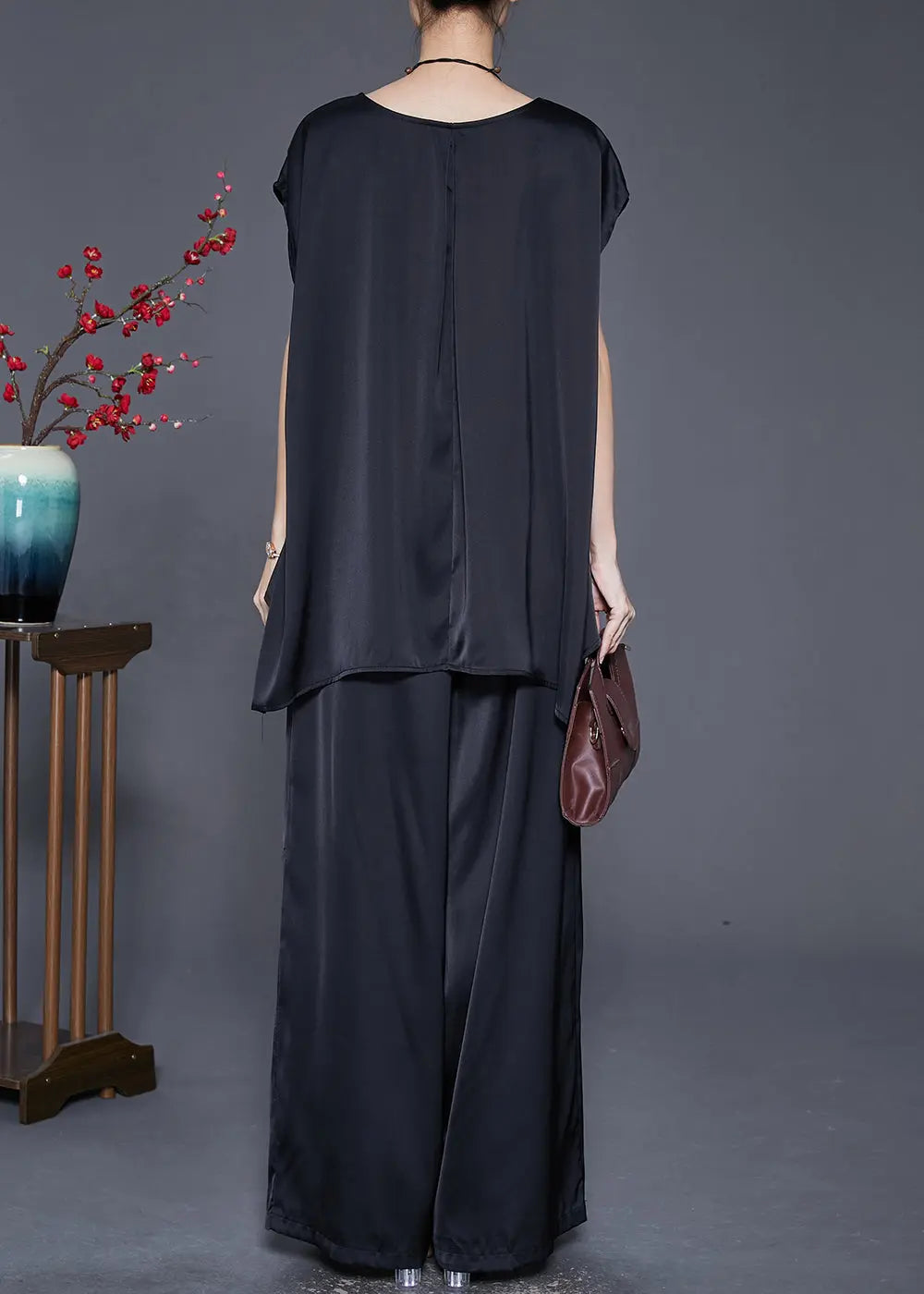 Fashion Black Oversized Draping Ice Silk Two Pieces Set Sleeveless Ada Fashion