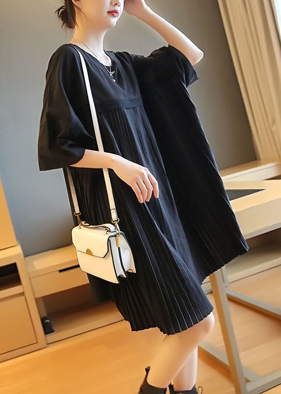 Fashion Black Oversized Patchwork Pleated Mid Dress Half Sleeve LY1404 - fabuloryshop