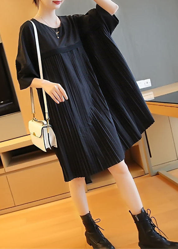 Fashion Black Oversized Patchwork Pleated Mid Dress Half Sleeve LY1404 - fabuloryshop