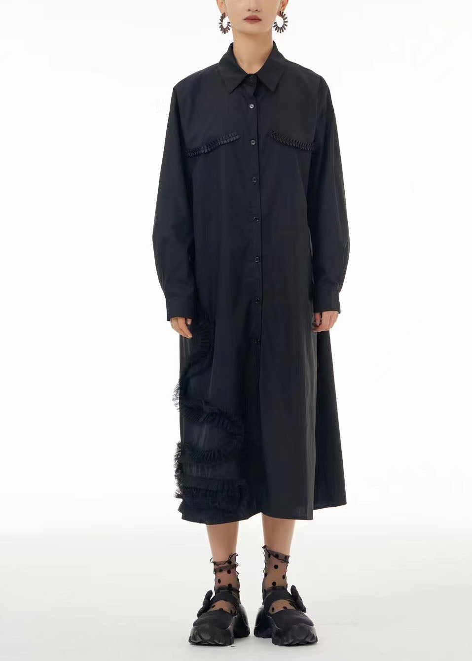 Fashion Black Oversized Patchwork Wrinkled Cotton Shirt Dress Spring LC0103 - fabuloryshop