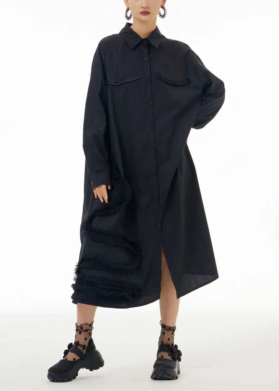 Fashion Black Oversized Patchwork Wrinkled Cotton Shirt Dress Spring LC0103 - fabuloryshop