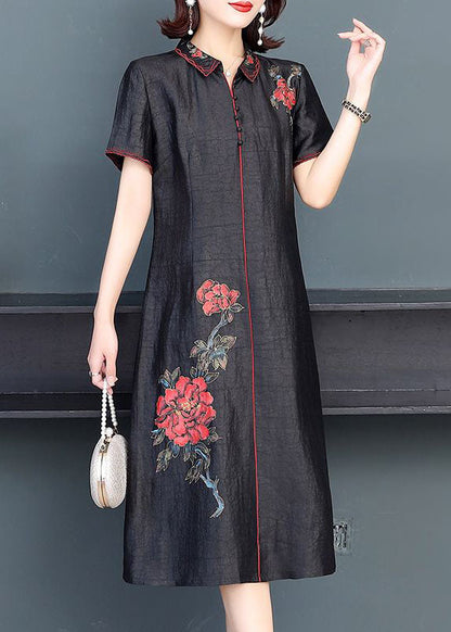 Fashion Black Peter Pan Collar Embroideried Silk Dress Summer LY2243 - fabuloryshop