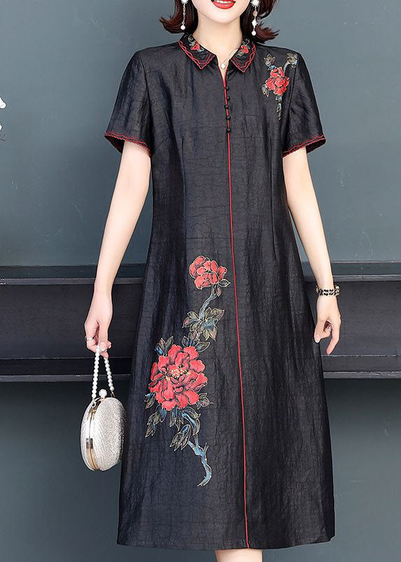 Fashion Black Peter Pan Collar Embroideried Silk Dress Summer LY2243 - fabuloryshop