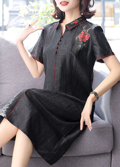 Fashion Black Peter Pan Collar Embroideried Silk Dress Summer LY2243 - fabuloryshop