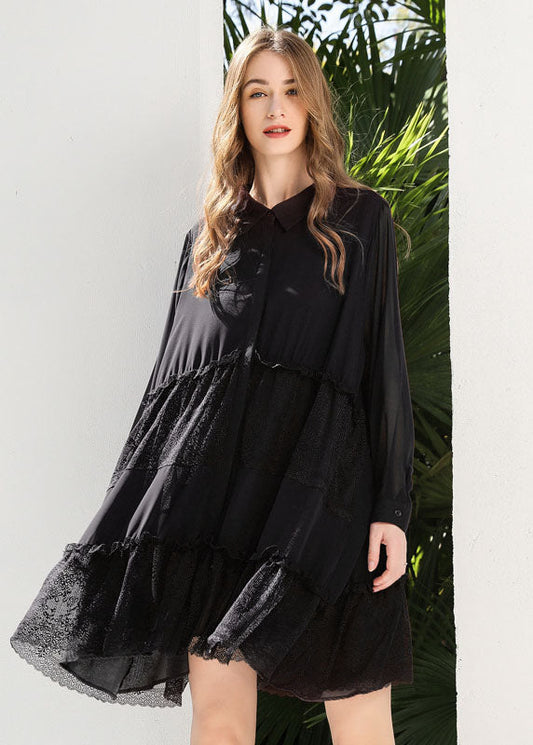 Fashion Black Peter Pan Collar Lace Patchwork Chiffon Holiday Dress Spring LY0253 - fabuloryshop
