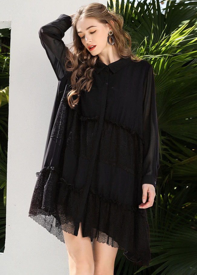 Fashion Black Peter Pan Collar Lace Patchwork Chiffon Holiday Dress Spring LY0253 - fabuloryshop