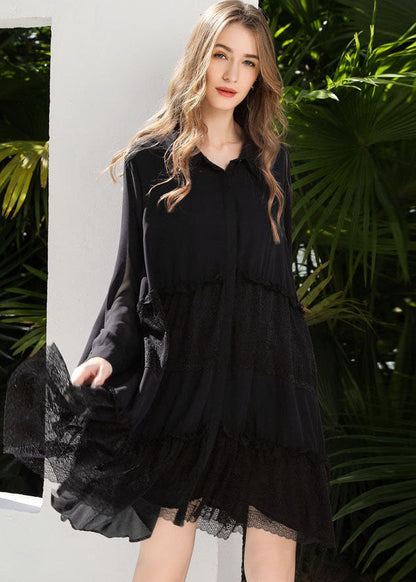 Fashion Black Peter Pan Collar Lace Patchwork Chiffon Holiday Dress Spring LY0253 - fabuloryshop