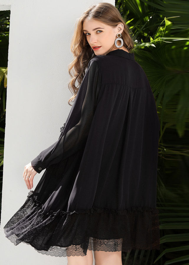 Fashion Black Peter Pan Collar Lace Patchwork Chiffon Holiday Dress Spring LY0253 - fabuloryshop