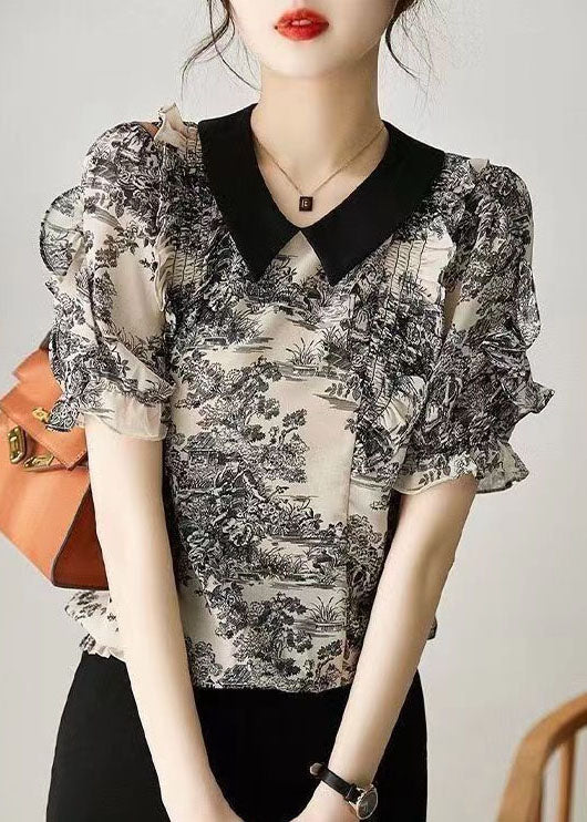 Fashion Black Peter Pan Collar Print Patchwork Chiffon Shirt Summer TP1066 - fabuloryshop