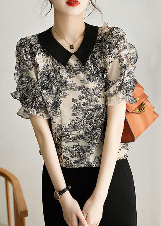 Fashion Black Peter Pan Collar Print Patchwork Chiffon Shirt Summer Ada Fashion