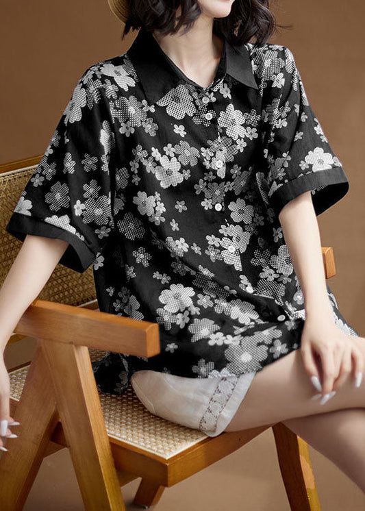 Fashion Black Peter Pan Collar Print Patchwork Cotton Shirts Top Summer LY3974 - fabuloryshop