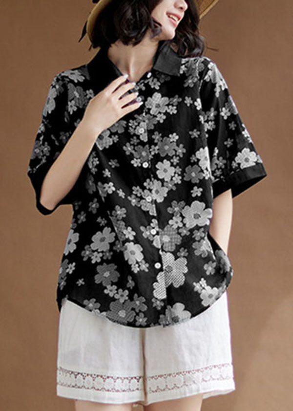 Fashion Black Peter Pan Collar Print Patchwork Cotton Shirts Top Summer LY3974 - fabuloryshop