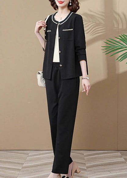 Fashion Black Pockets Patchwork Cardigans And Wide Leg Pants Two Pieces Set Long Sleeve Ada Fashion