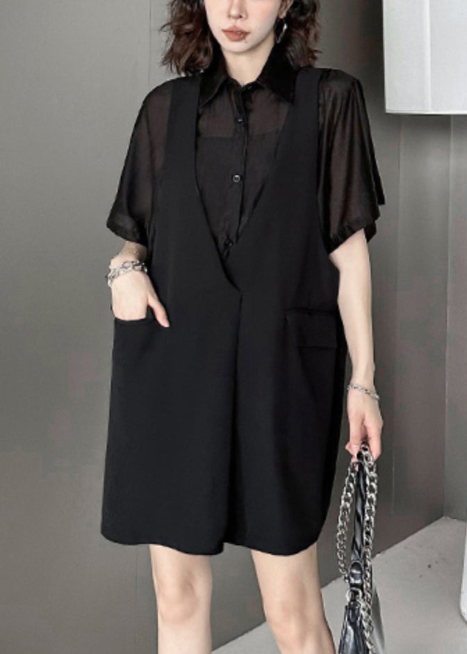 Fashion Black Pockets Patchwork FalseTwo Pieces Cotton Mid Dress Summer Ada Fashion