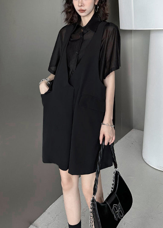 Fashion Black Pockets Patchwork FalseTwo Pieces Cotton Mid Dress Summer Ada Fashion