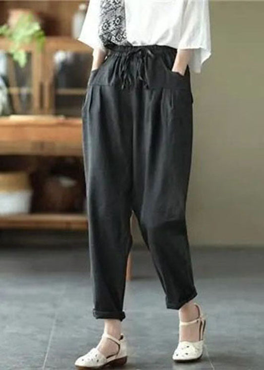 Fashion Black Pockets Patchwork Tie Waist Linen Pants Summer LY0596 - fabuloryshop